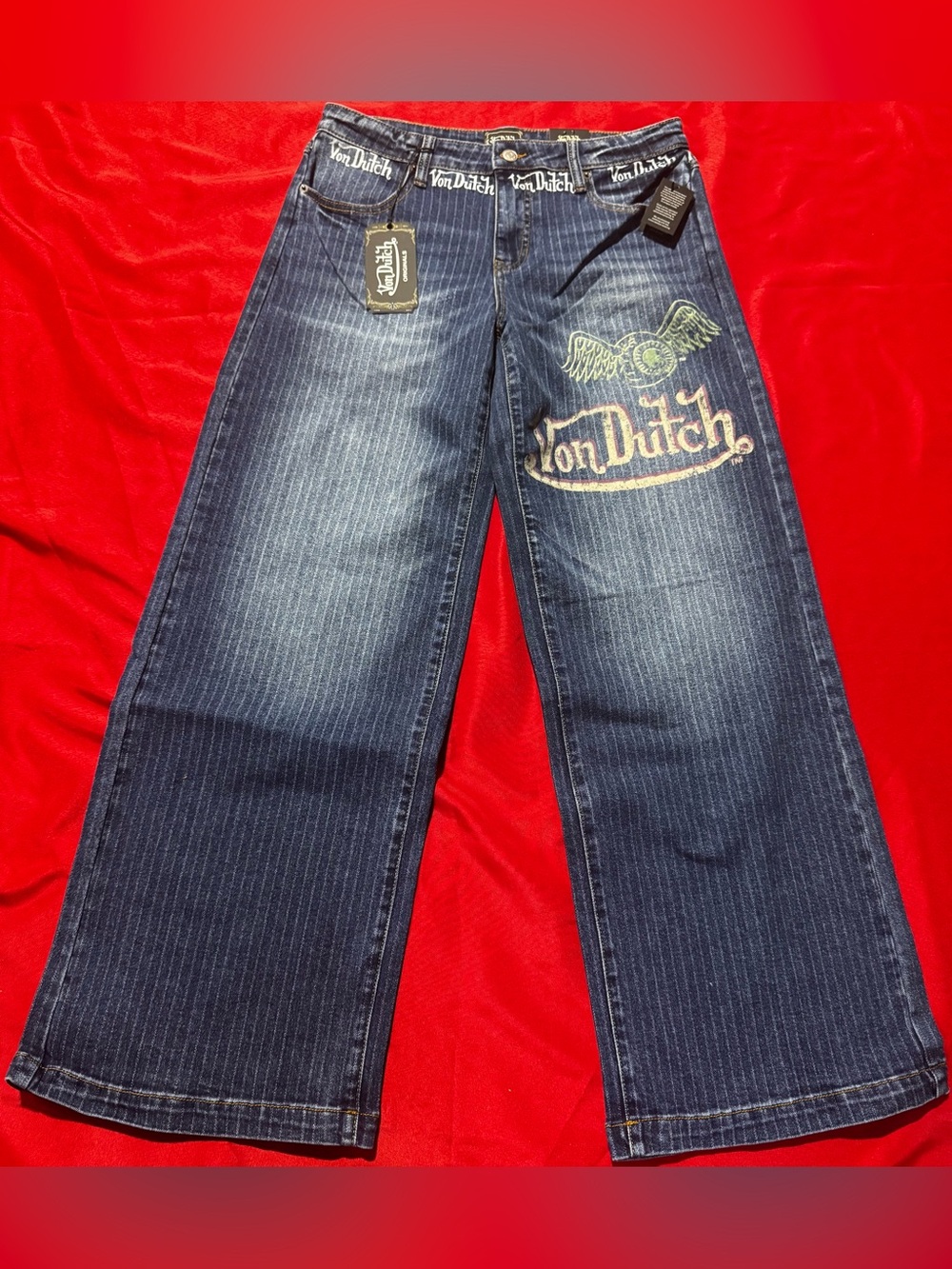 Von Dutch Navy Pinstripe Wide-Leg Jeans with Embroidered Logo